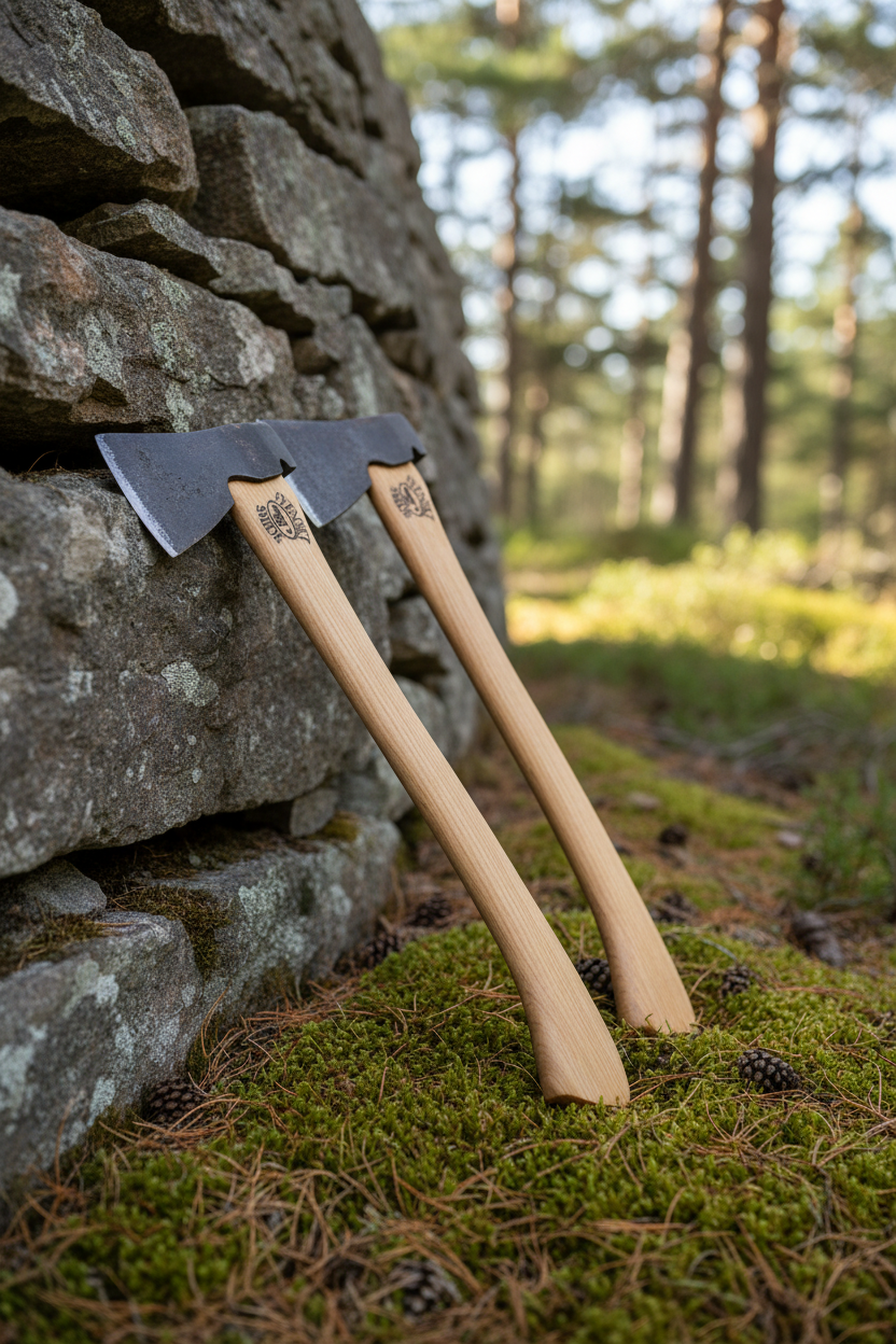 Gårdsyxa mot stenvägg i skog