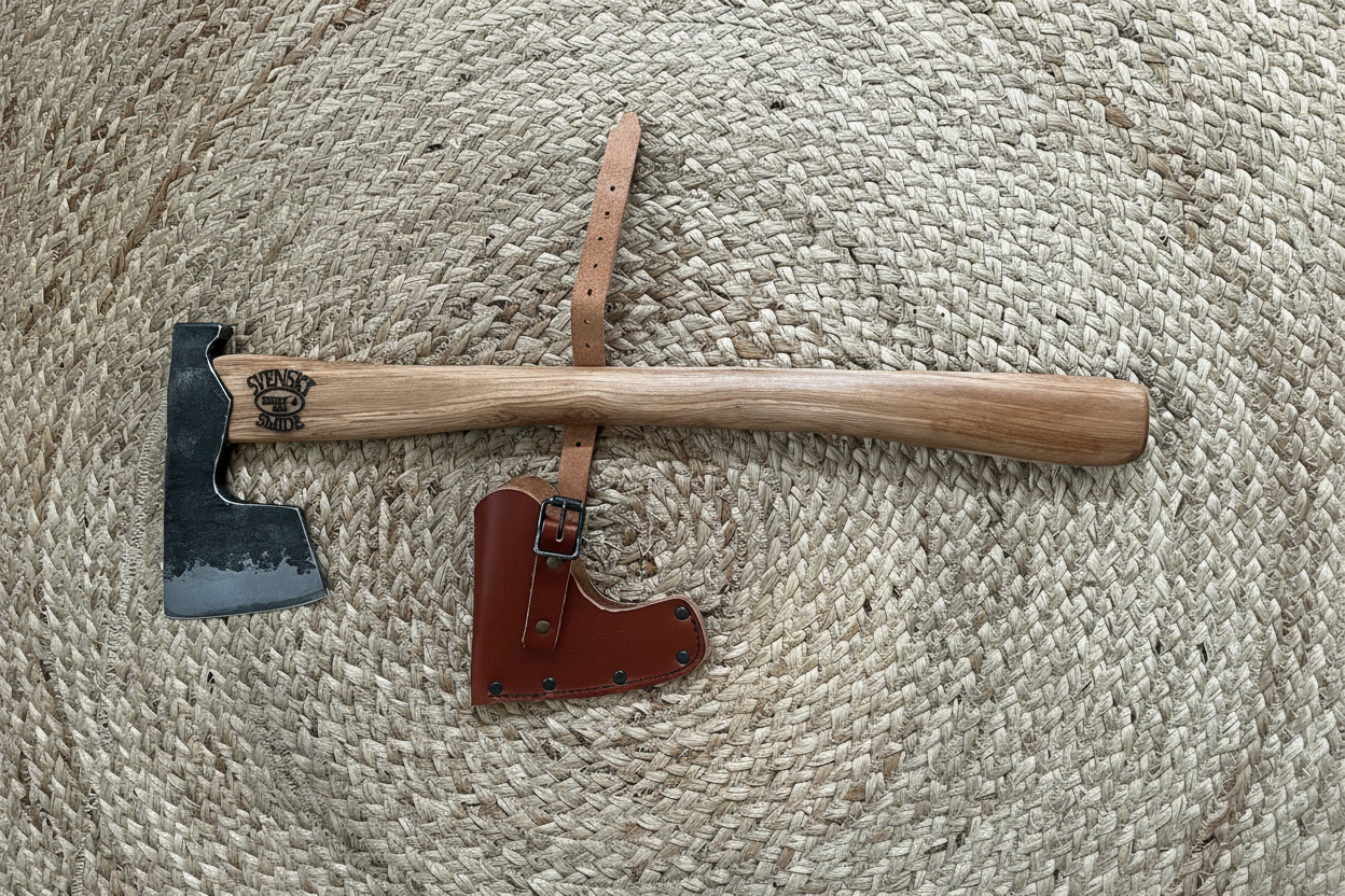 Vapenyxa vikingamodell liggande med läderfodral